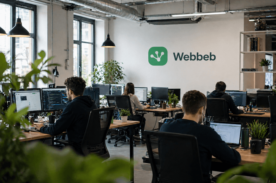 Webbeb team collaborating in a modern agency office with Webbeb logo on the wall